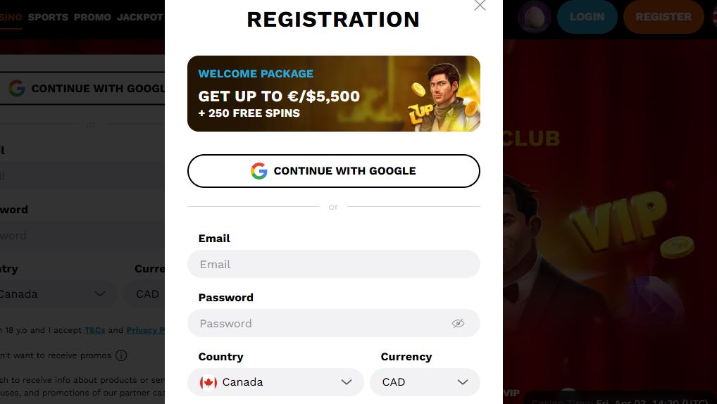 Register new LevelUp Casino account and claim welcome package up to €/$5,500 plus 250 free spins