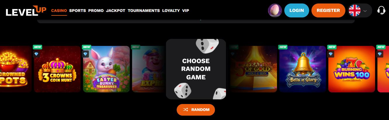 Spin new slots or use the random game feature to discover titles in the casino lobby